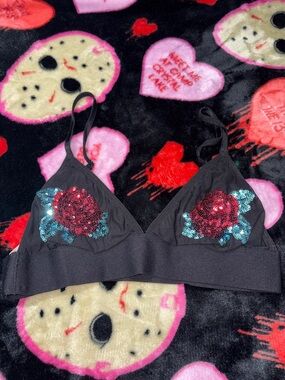 PINK Victoria's Secret Black Bralette with Red Sequin Rose Appliqués